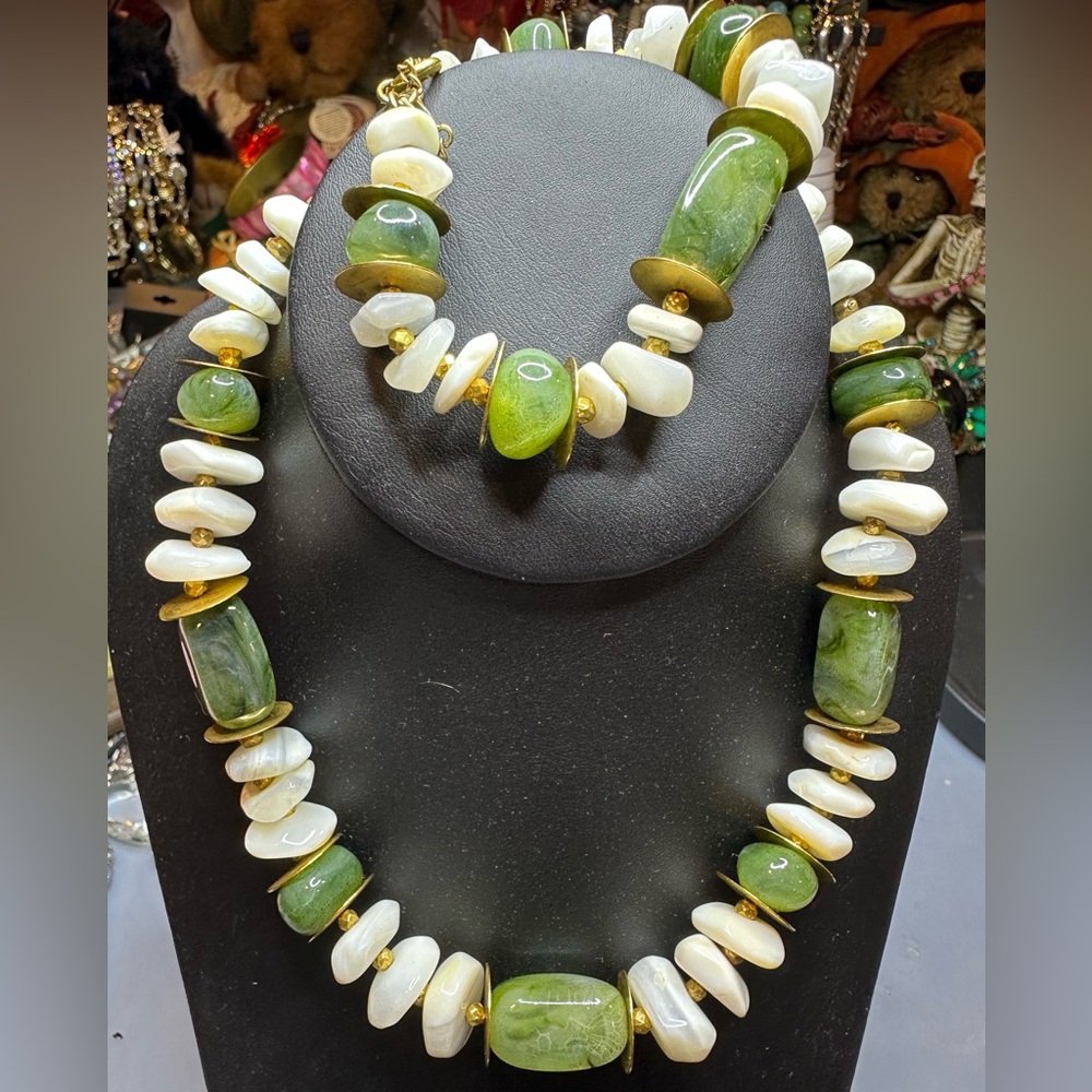 Miriam Haskell acrylic, stone and metal disc bracelet and necklace set